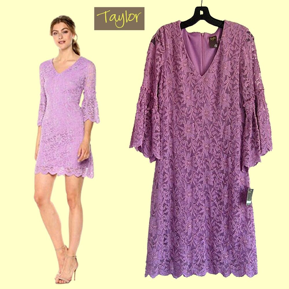 Taylor Floral Lace Bell Sleeve Shift Dress Purple V-Neck Size 8 NWT